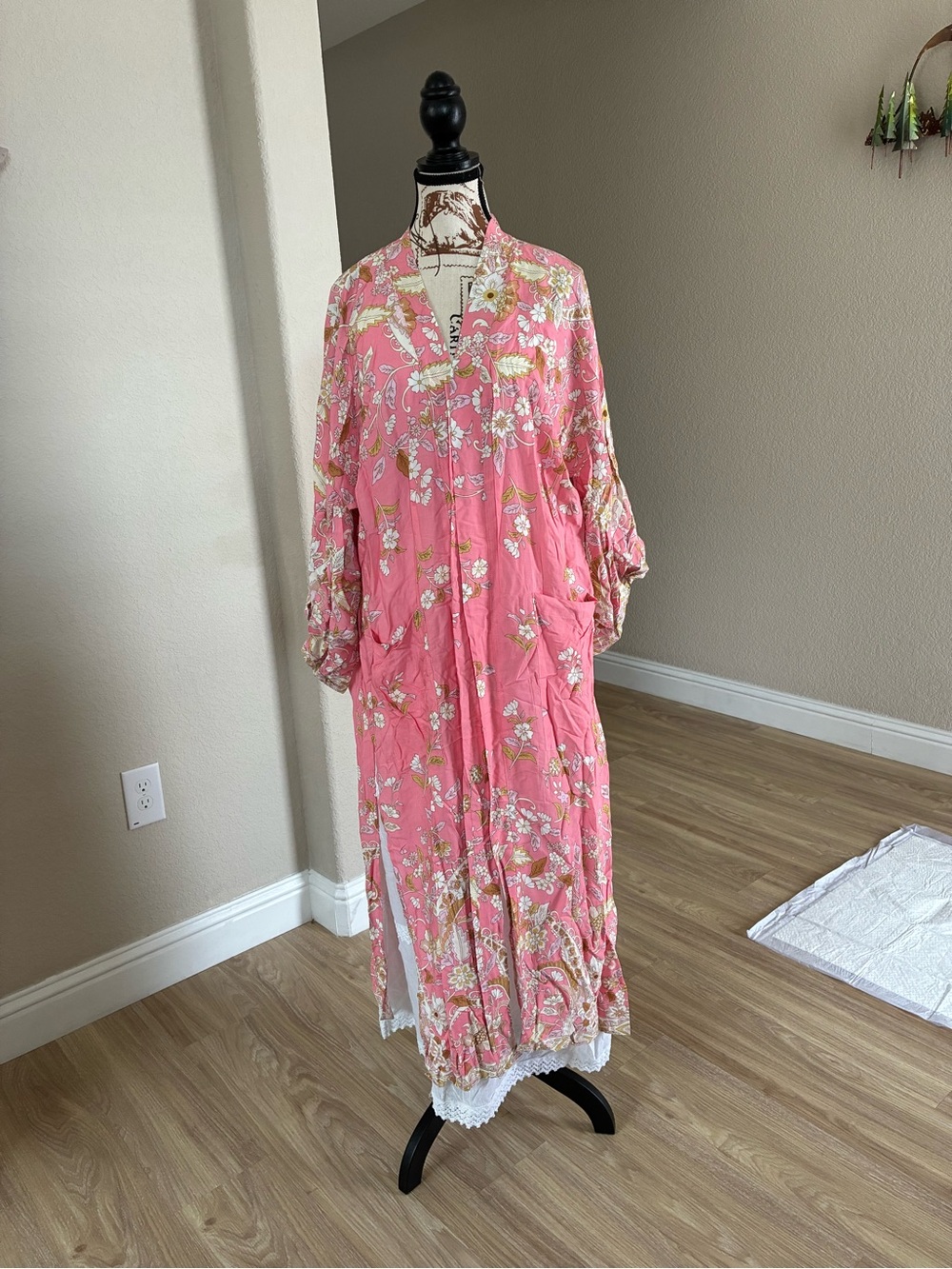 Pink Floral Long Kimono Robe